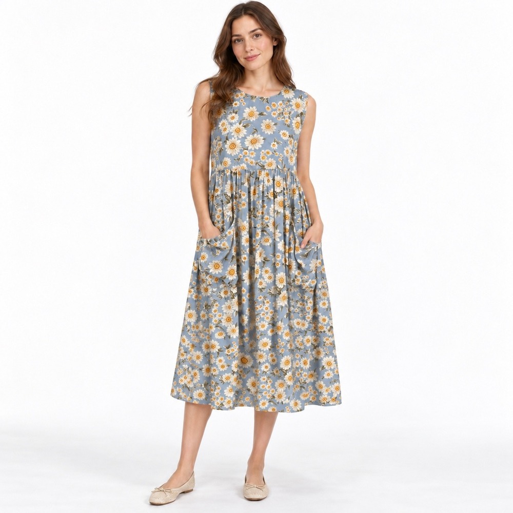 April Cornell Blue Daisy Floral Rayon Midi Dress XS Sleeveless Pockets VTG 90s